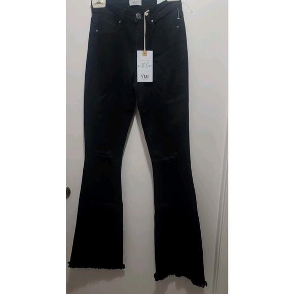 YMI Women's Juniors Size 3/26 Black Flare Distressed Stretch Denim Jean Raw Hem - Picture 1 of 7
